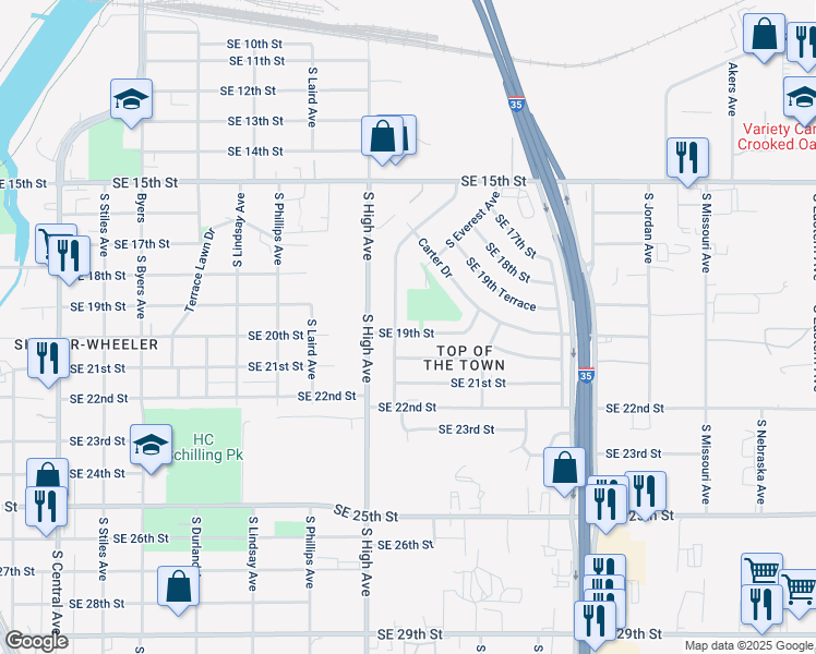 map of restaurants, bars, coffee shops, grocery stores, and more near 1129 Southeast 19th Street in Oklahoma City