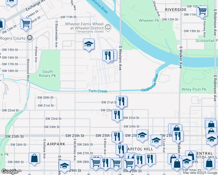 map of restaurants, bars, coffee shops, grocery stores, and more near 1701-1997 South Western Avenue in Oklahoma City