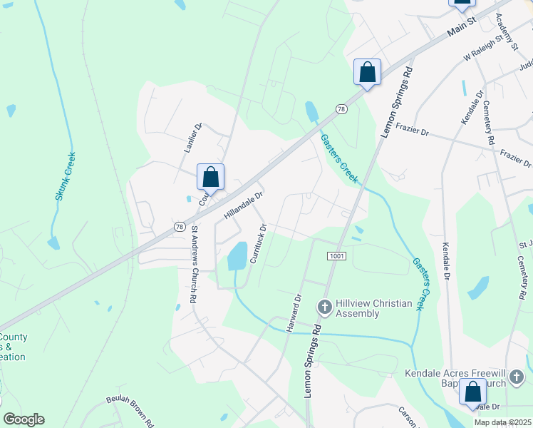 map of restaurants, bars, coffee shops, grocery stores, and more near 2909 Currituck Drive in Sanford