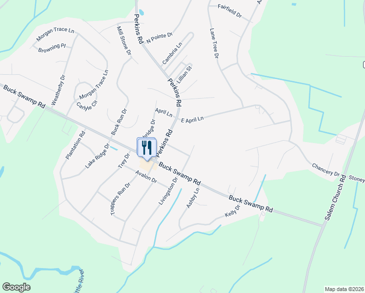 map of restaurants, bars, coffee shops, grocery stores, and more near 139 Perkins Drive in Goldsboro