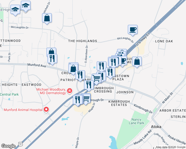 map of restaurants, bars, coffee shops, grocery stores, and more near 70 Munford Avenue in Munford