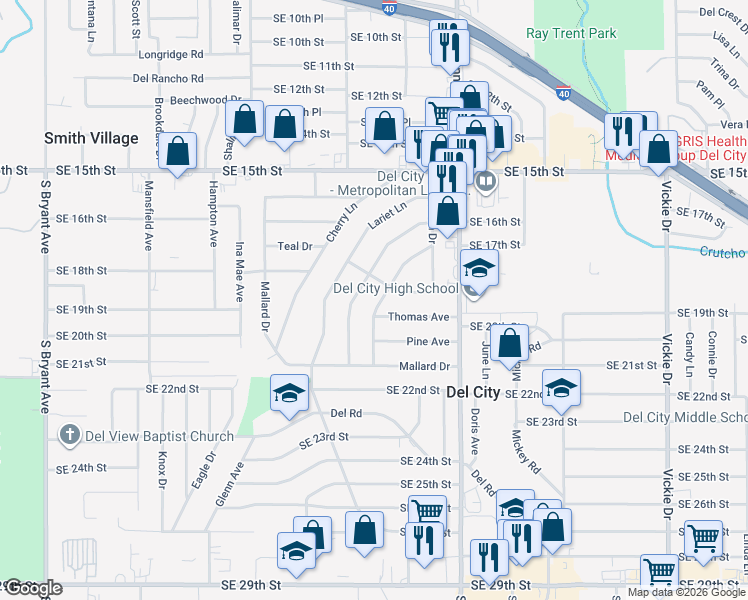 map of restaurants, bars, coffee shops, grocery stores, and more near 1808 Breckenridge Drive in Del City