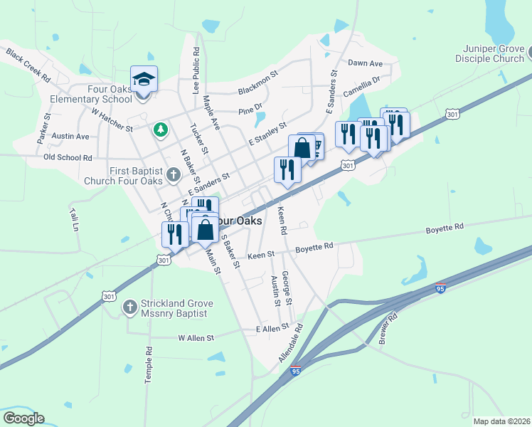 map of restaurants, bars, coffee shops, grocery stores, and more near 114 Grady St in Four Oaks