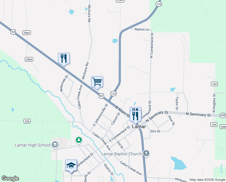 map of restaurants, bars, coffee shops, grocery stores, and more near 64 North Johnsonville Street in Lamar