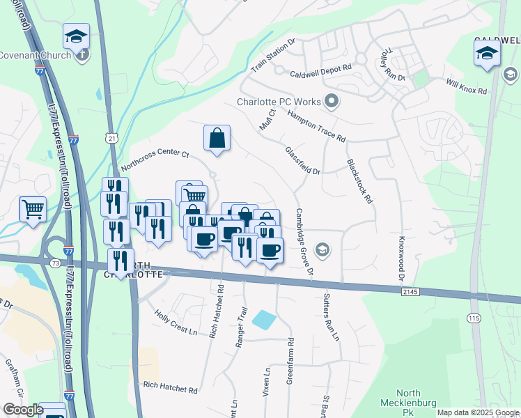 map of restaurants, bars, coffee shops, grocery stores, and more near 10005 Glencrest Drive in Huntersville