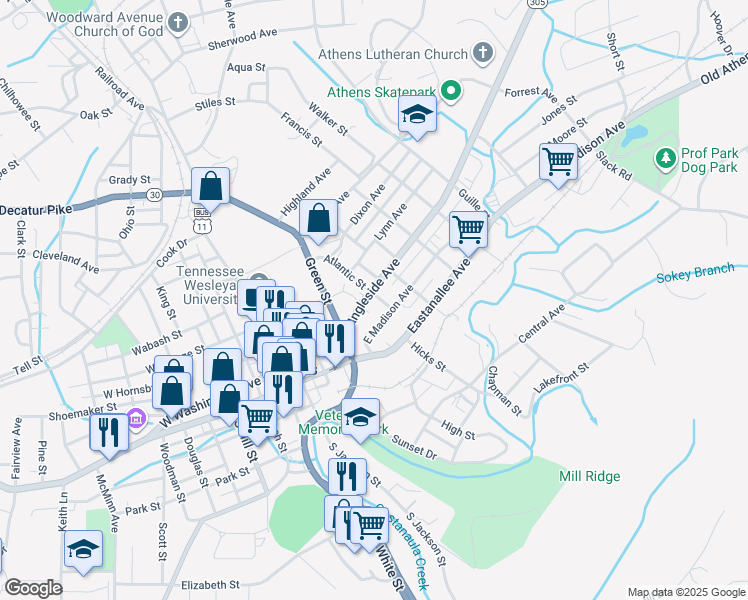 map of restaurants, bars, coffee shops, grocery stores, and more near 413 Ingleside Avenue in Athens