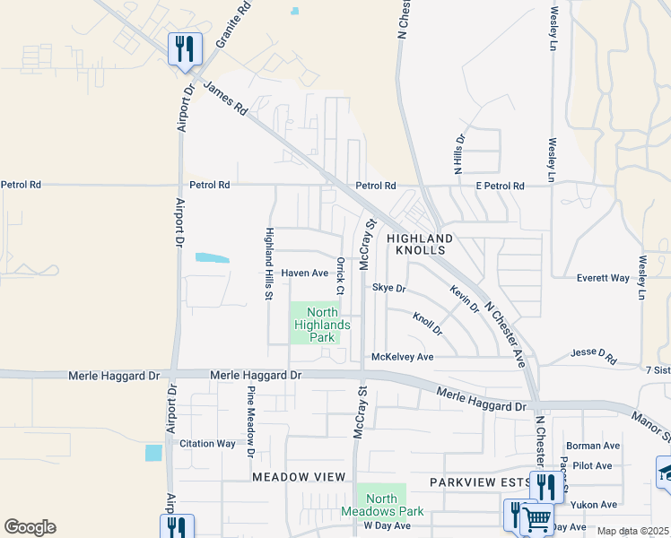 map of restaurants, bars, coffee shops, grocery stores, and more near 4425 Orrick Court in Bakersfield