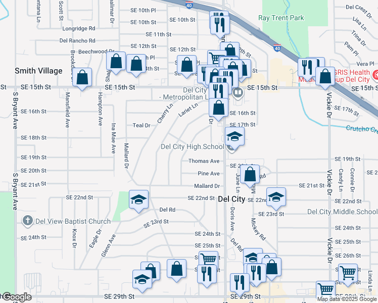 map of restaurants, bars, coffee shops, grocery stores, and more near 1808 Breckenridge Drive in Del City