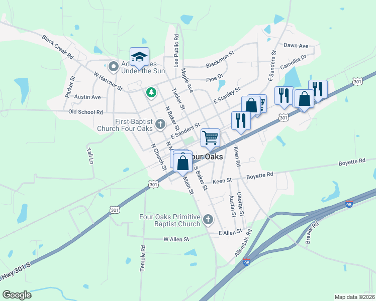 map of restaurants, bars, coffee shops, grocery stores, and more near 248 North Baker Street in Four Oaks