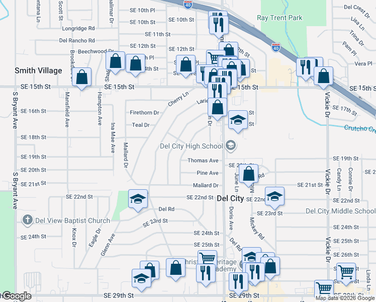 map of restaurants, bars, coffee shops, grocery stores, and more near 1808 Breckenridge Drive in Del City