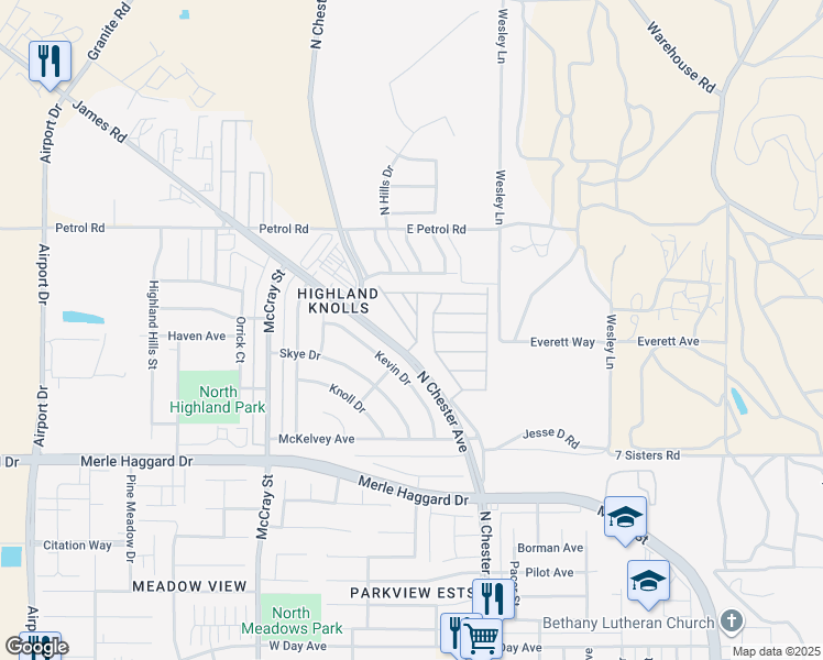 map of restaurants, bars, coffee shops, grocery stores, and more near 4 Tee Lane in Bakersfield