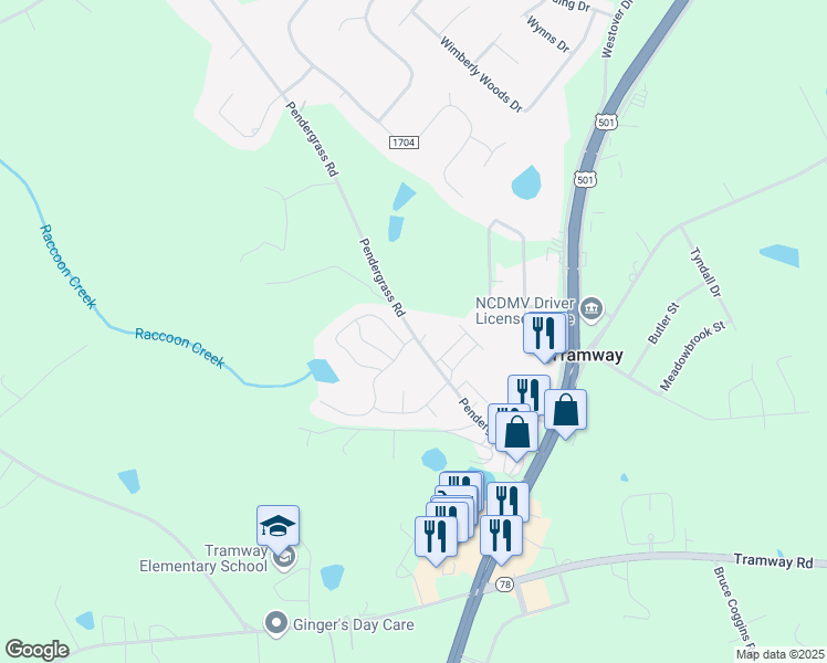 map of restaurants, bars, coffee shops, grocery stores, and more near 1726 Pendergrass Road in Sanford