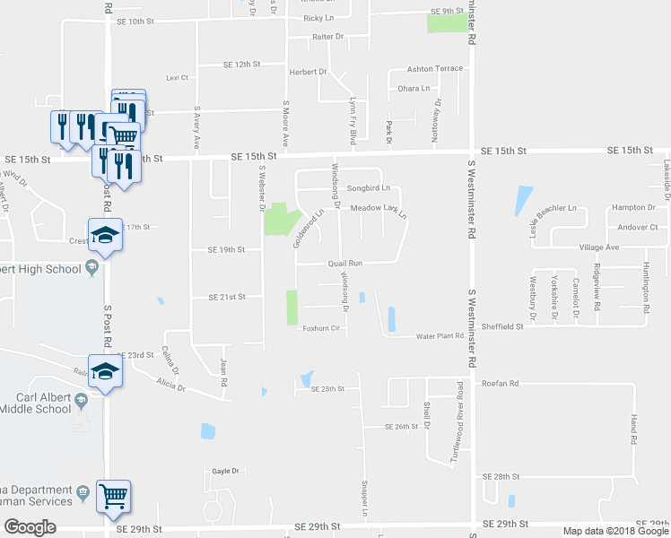 map of restaurants, bars, coffee shops, grocery stores, and more near 10536 Quail Run in Midwest City
