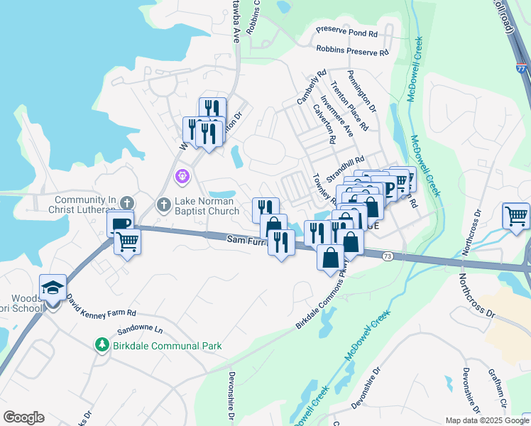 map of restaurants, bars, coffee shops, grocery stores, and more near 16930 Sedgebrook Lane in Huntersville