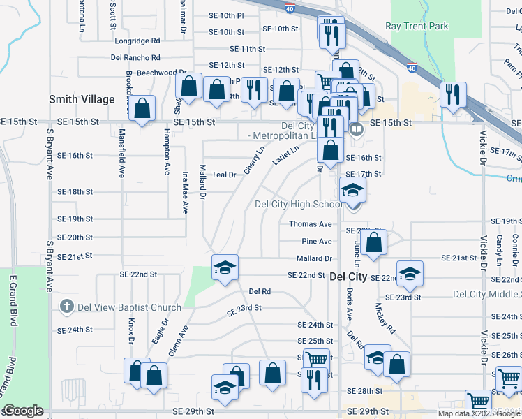 map of restaurants, bars, coffee shops, grocery stores, and more near 1832 Elm Drive in Del City