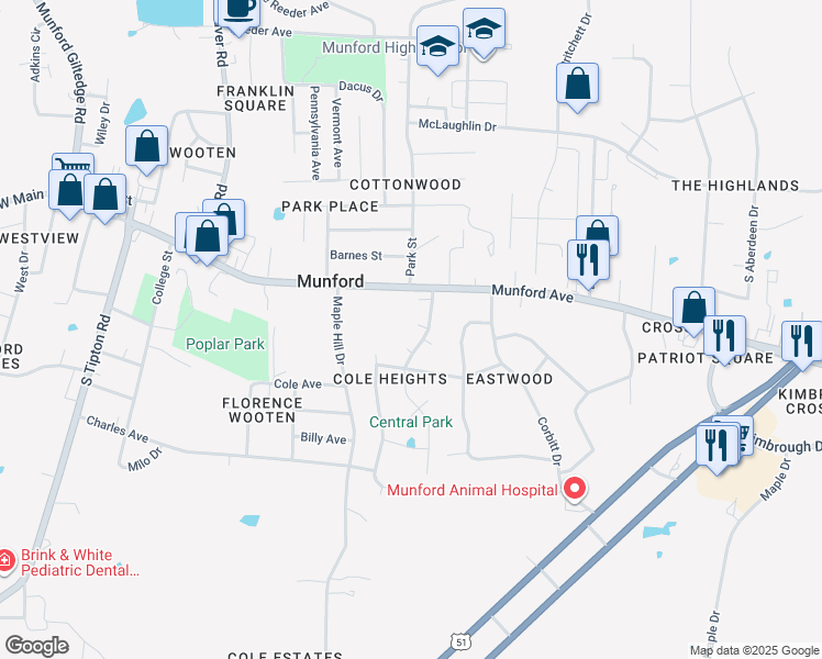 map of restaurants, bars, coffee shops, grocery stores, and more near 29 Walnut Drive in Munford