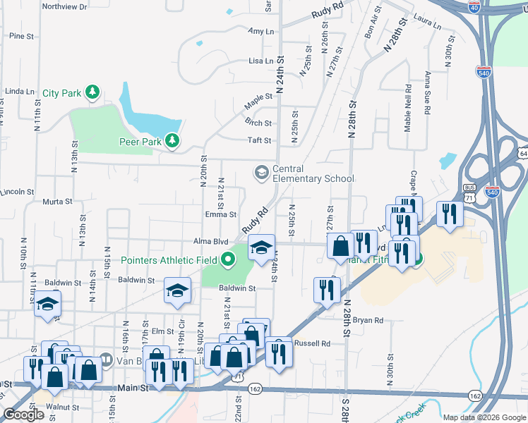 map of restaurants, bars, coffee shops, grocery stores, and more near 722 North 24th Street in Van Buren
