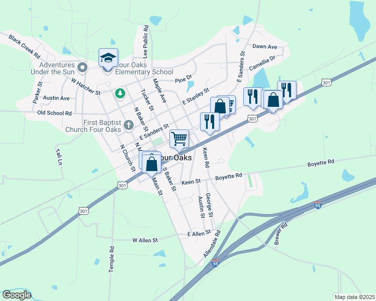 map of restaurants, bars, coffee shops, grocery stores, and more near 311 U.S. Highway 301 South in Smithfield