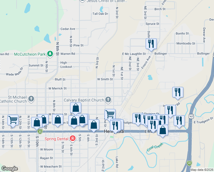 map of restaurants, bars, coffee shops, grocery stores, and more near 201 West Merrick Street in Henryetta