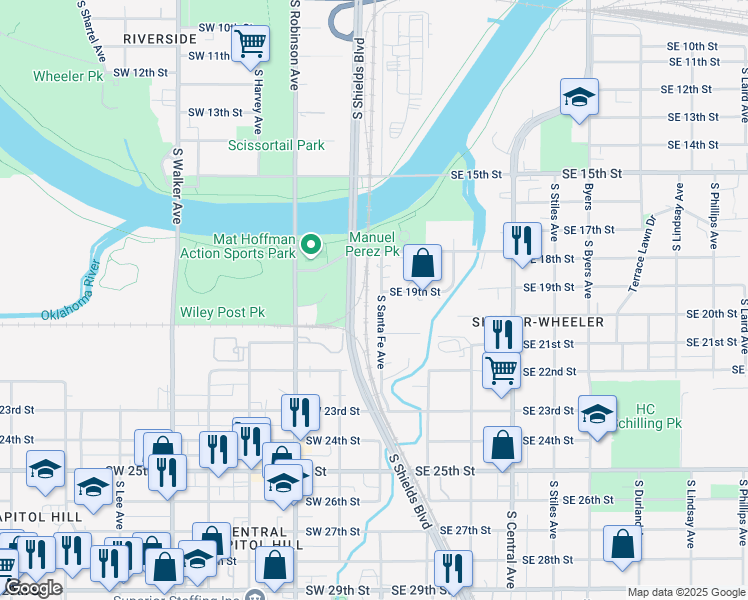map of restaurants, bars, coffee shops, grocery stores, and more near 2058-2084 South Shields Boulevard in Oklahoma City