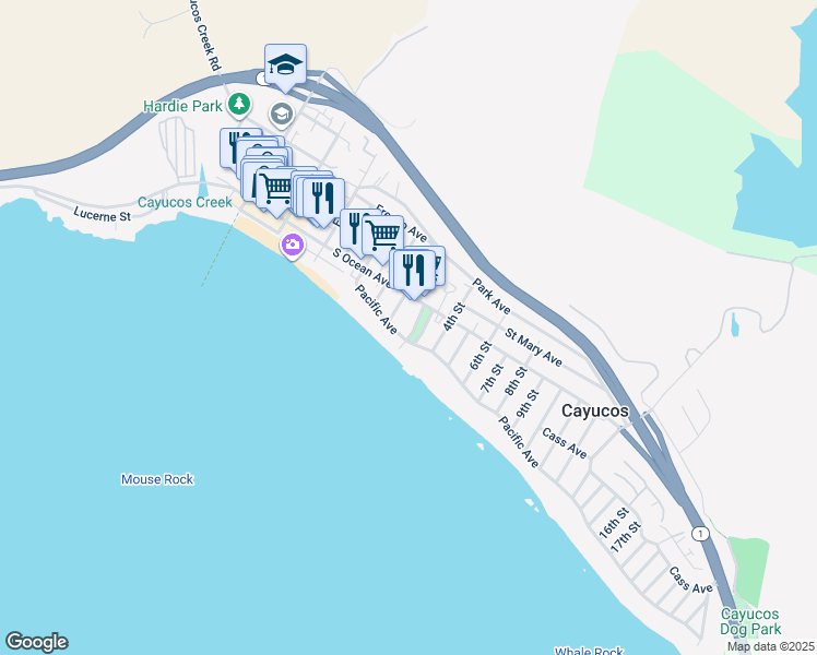 map of restaurants, bars, coffee shops, grocery stores, and more near 31 North 3rd Street in Cayucos