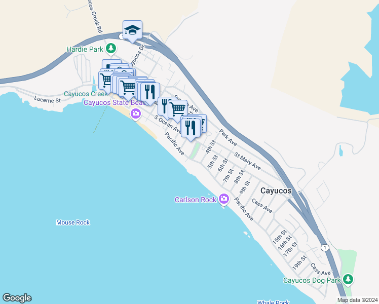 map of restaurants, bars, coffee shops, grocery stores, and more near 31 North 3rd Street in Cayucos