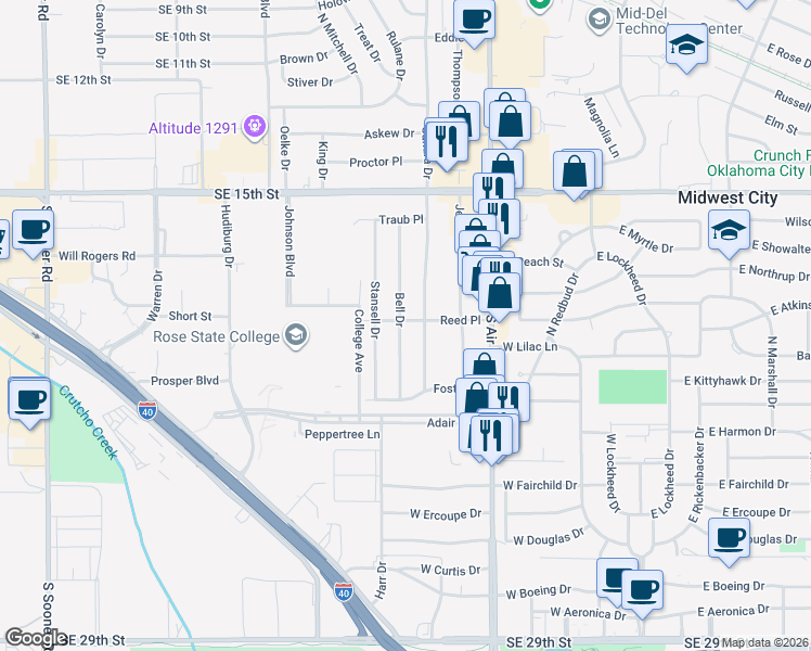 map of restaurants, bars, coffee shops, grocery stores, and more near 905 Bell Drive in Midwest City
