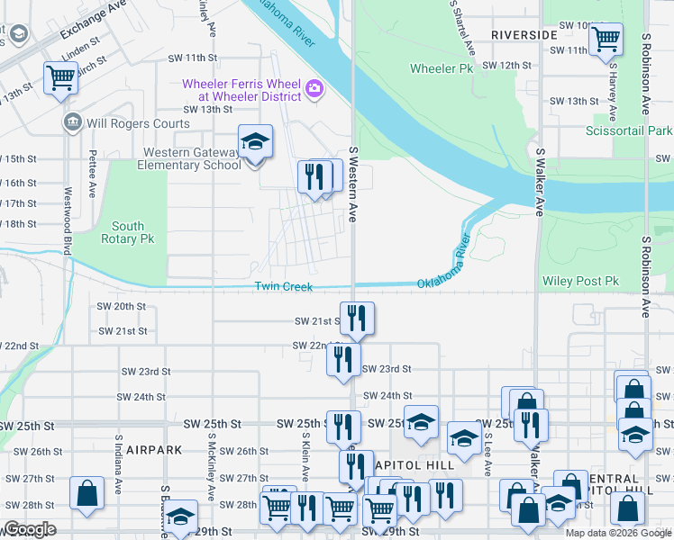 map of restaurants, bars, coffee shops, grocery stores, and more near 1701-1997 South Western Avenue in Oklahoma City
