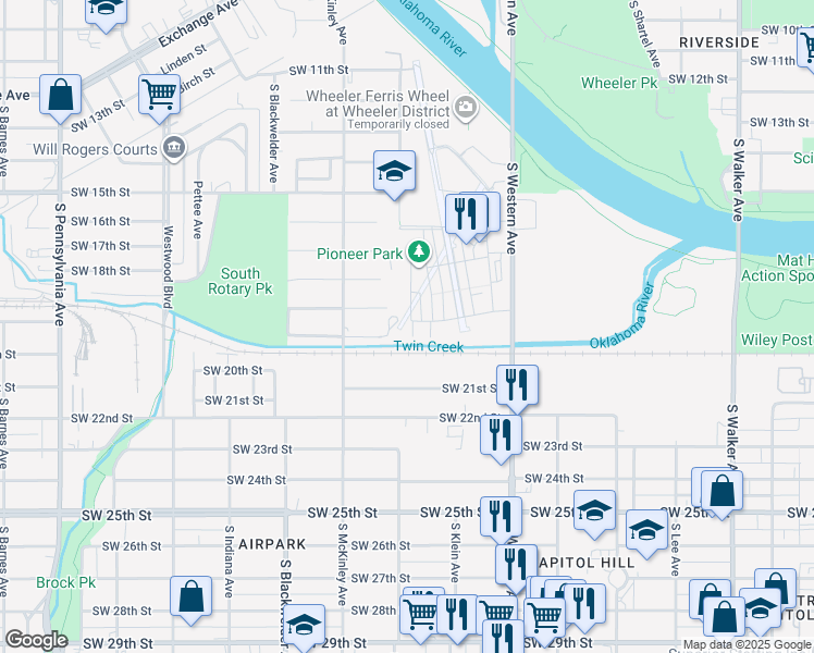 map of restaurants, bars, coffee shops, grocery stores, and more near 1100 Southwest 20th Street in Oklahoma City