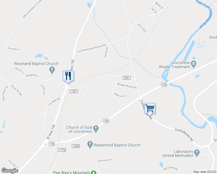 map of restaurants, bars, coffee shops, grocery stores, and more near 1477 Roseland Drive in Lincolnton