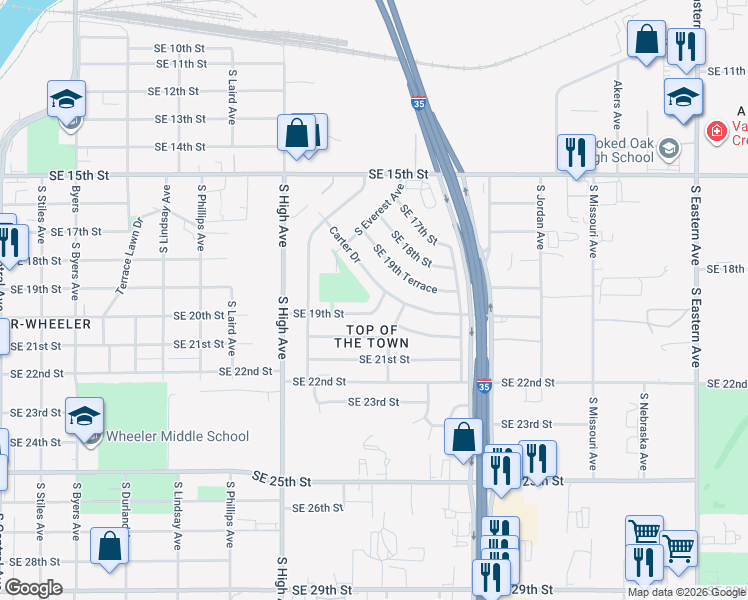 map of restaurants, bars, coffee shops, grocery stores, and more near 1165 Southeast 19th Street in Oklahoma City