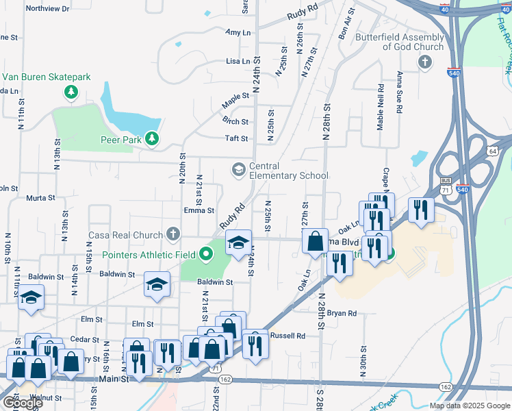 map of restaurants, bars, coffee shops, grocery stores, and more near 808 North 24th Street in Van Buren