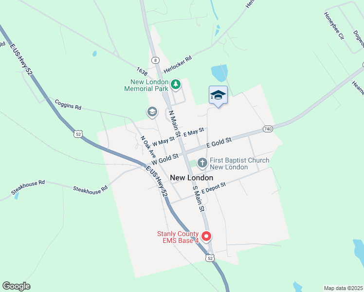 map of restaurants, bars, coffee shops, grocery stores, and more near North Carolina 8 in New London