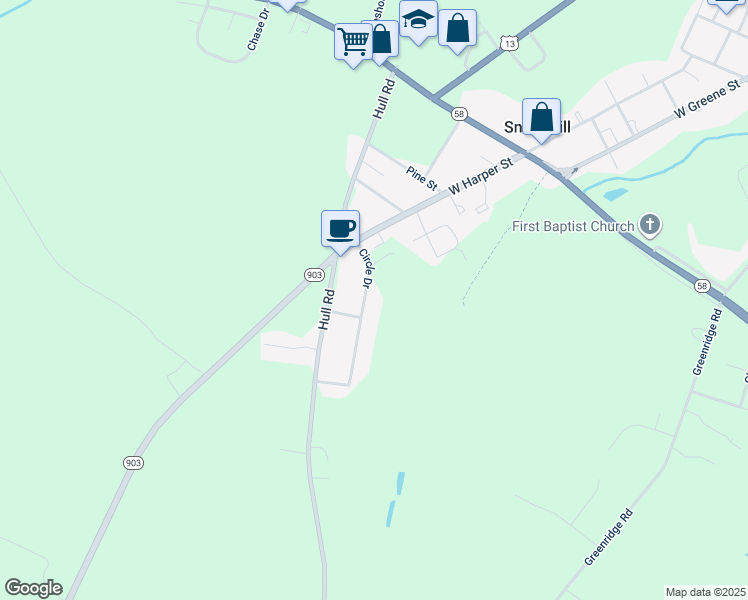 map of restaurants, bars, coffee shops, grocery stores, and more near 102 Circle Drive in Snow Hill