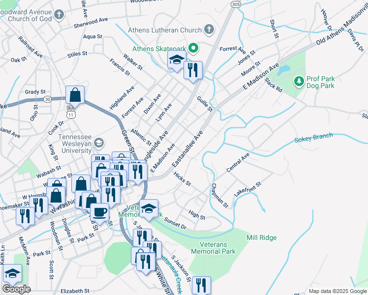 map of restaurants, bars, coffee shops, grocery stores, and more near 703 Eastanallee Avenue in Athens