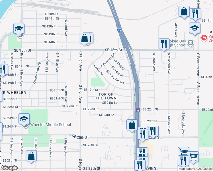 map of restaurants, bars, coffee shops, grocery stores, and more near 1165 Southeast 19th Street in Oklahoma City