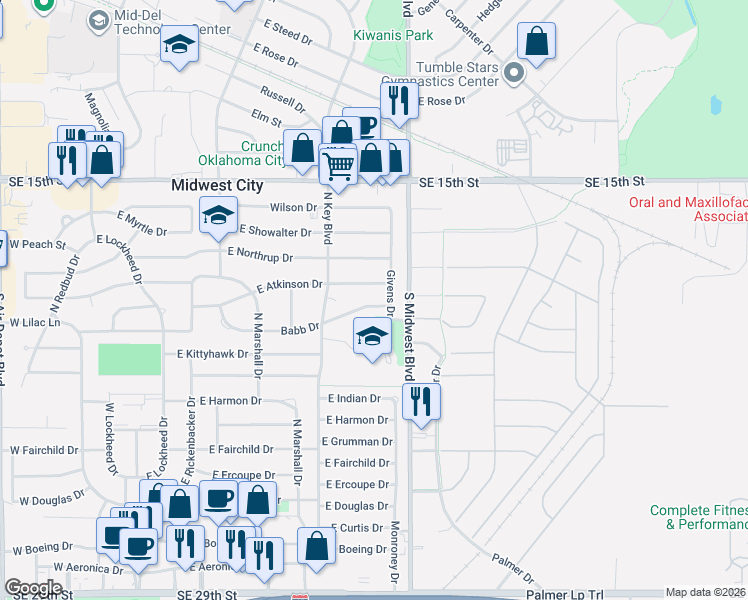 map of restaurants, bars, coffee shops, grocery stores, and more near 530 Babb Drive in Midwest City