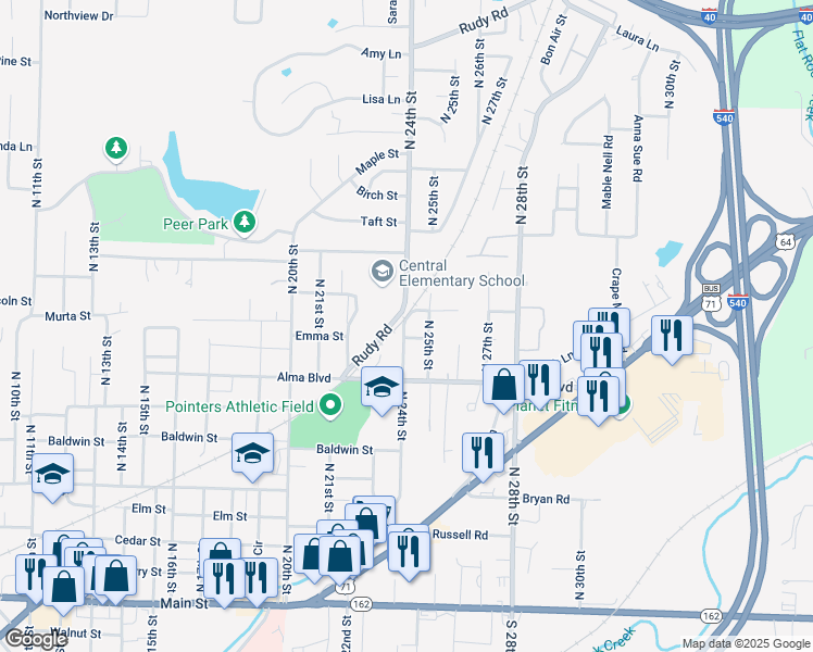 map of restaurants, bars, coffee shops, grocery stores, and more near 816 North 24th Street in Van Buren
