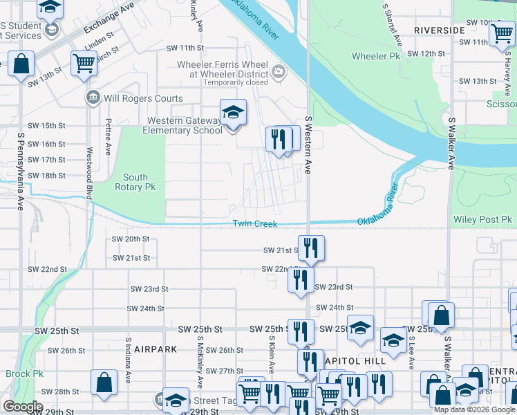 map of restaurants, bars, coffee shops, grocery stores, and more near 1033 Southwest 21st Street in Oklahoma City