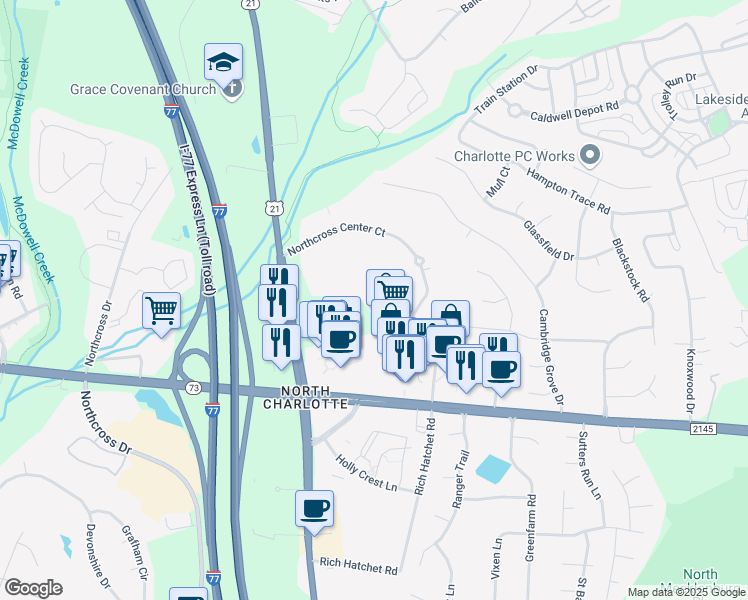 map of restaurants, bars, coffee shops, grocery stores, and more near 9743 Sam Furr Road in Huntersville