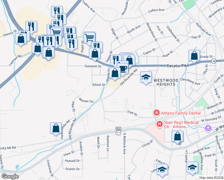 map of restaurants, bars, coffee shops, grocery stores, and more near 602 Old Riceville Road in Athens