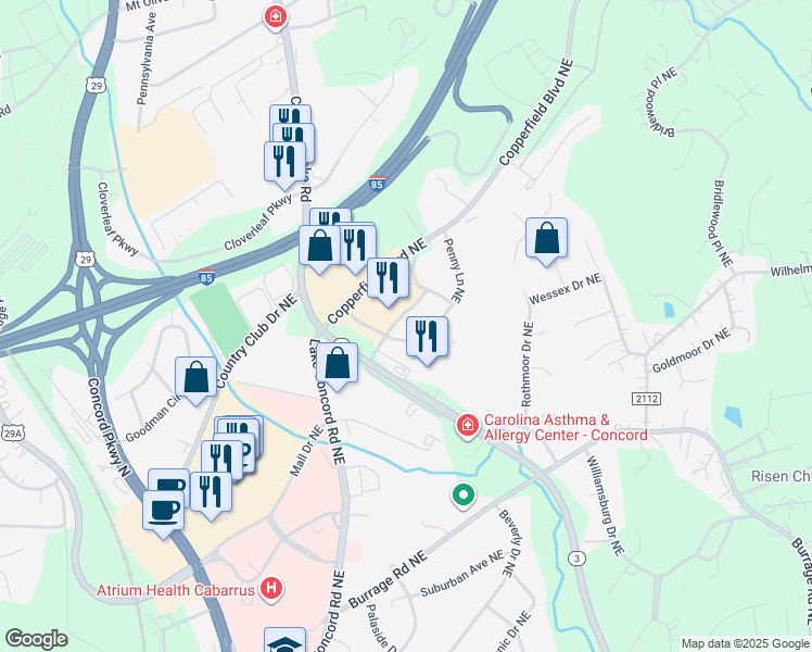 map of restaurants, bars, coffee shops, grocery stores, and more near 334 Penny Lane Northeast in Concord
