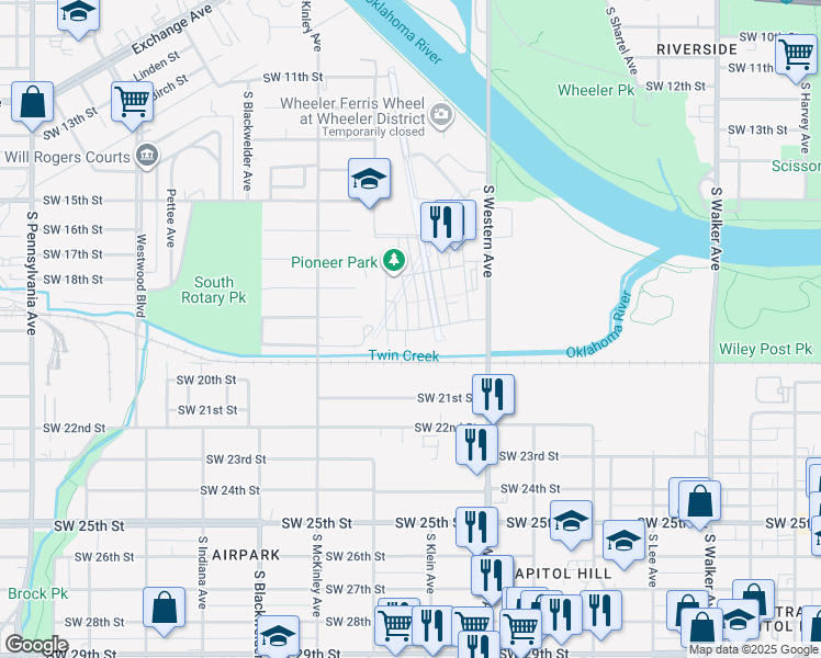 map of restaurants, bars, coffee shops, grocery stores, and more near 1033 Southwest 21st Street in Oklahoma City