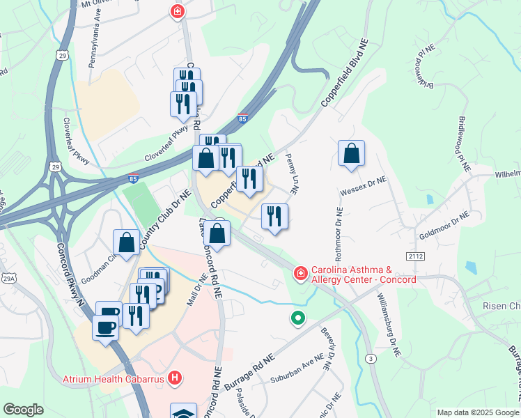 map of restaurants, bars, coffee shops, grocery stores, and more near 319 Penny Lane Northeast in Concord