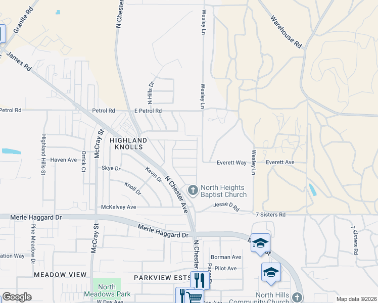map of restaurants, bars, coffee shops, grocery stores, and more near 136 Set Lane in Bakersfield