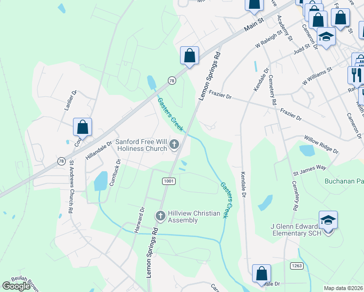 map of restaurants, bars, coffee shops, grocery stores, and more near 3000 Lemon Springs Road in Sanford