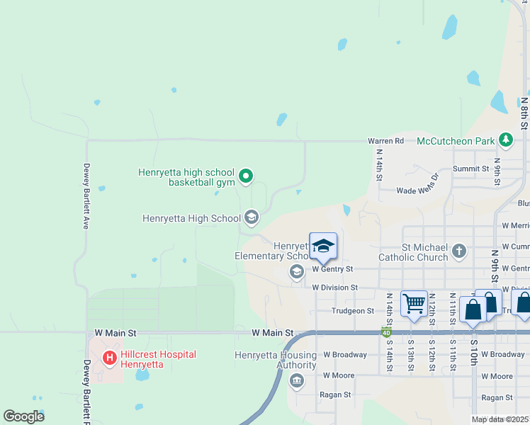 map of restaurants, bars, coffee shops, grocery stores, and more near Troy Aikman Drive in Henryetta