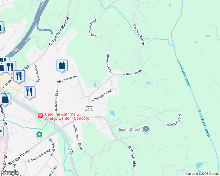 map of restaurants, bars, coffee shops, grocery stores, and more near 538 Goldmoor Drive Northeast in Concord
