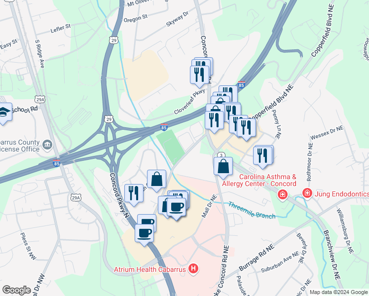 map of restaurants, bars, coffee shops, grocery stores, and more near in Concord