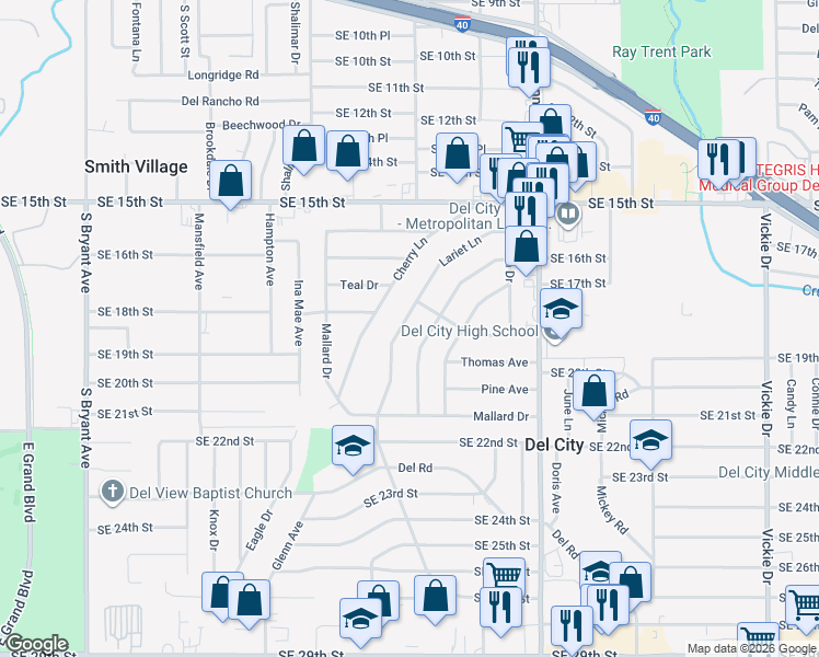 map of restaurants, bars, coffee shops, grocery stores, and more near 1832 Elm Drive in Del City